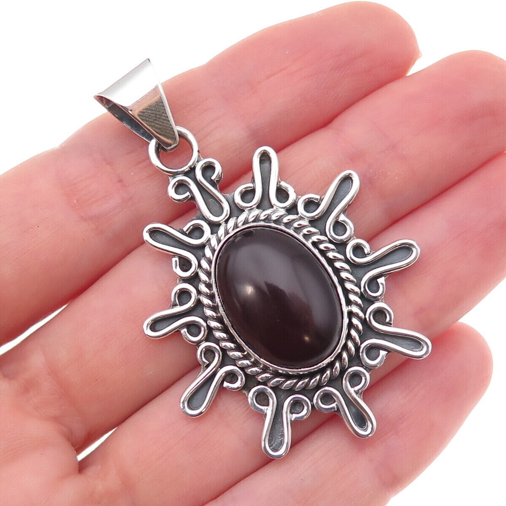 925 Sterling Silver Vintage CII Mexico Real Carnelian Modernist Floral Pendant